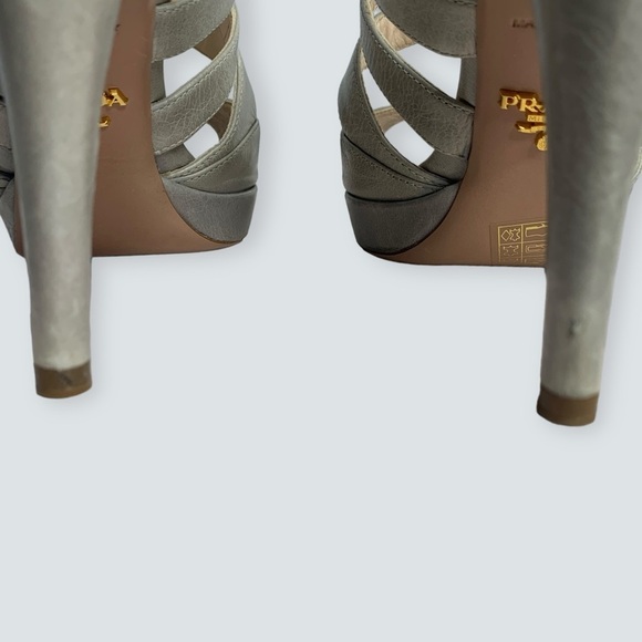 PRADA Heels Size 38 Calzatore Donna Grey Leather Slingback Sandals - Picture 10 of 16